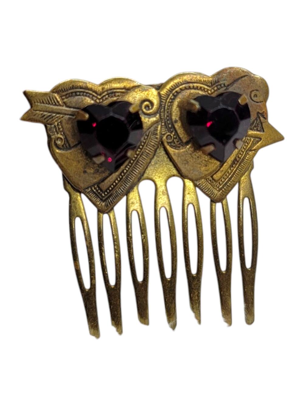 Pididdly Links Vintage Hair Comb Brass Tone Red Rhinestone Double Heart Arrow